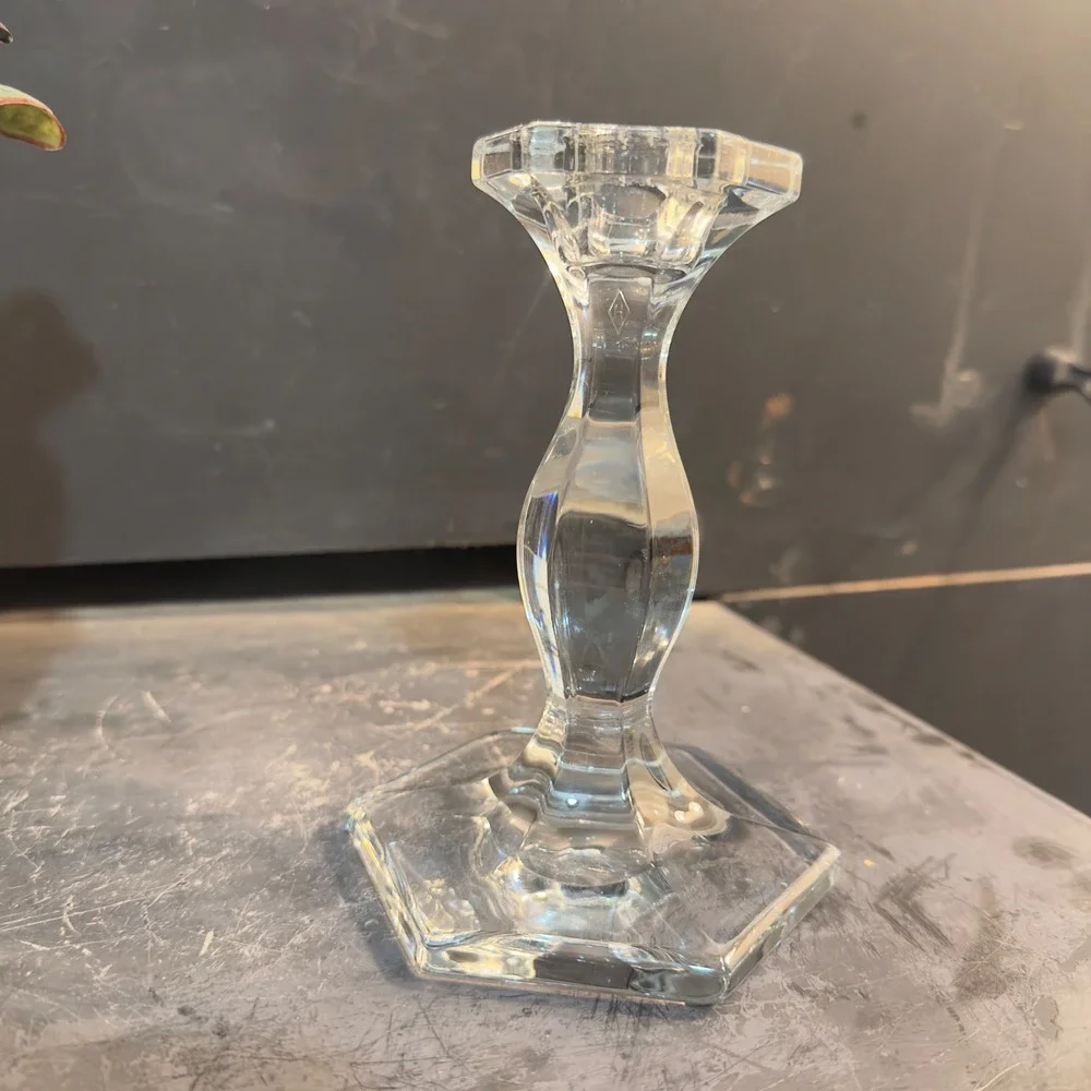 Clear Crystal Taper Candle Holder Hexagon Base Faceted Stem Elegant Table Decor‎